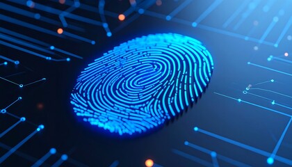 A glowing blue fingerprint overlayed on a circuit board with connecting dots & lines, symbolizing digital security