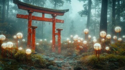 Shinto Torii gate, ancient, weathered red-lacquered wood, standing in a field of softly glowing spirit orbs (Kodama), misty, ethereal forest light