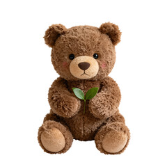 Cute brown teddy bear holding a green sprout
