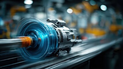 Fototapeta premium Close-up of high-tech electric motor with blue lighting and motion blur background