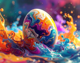 A vibrant Easter egg amidst colorful, swirling liquid splashes