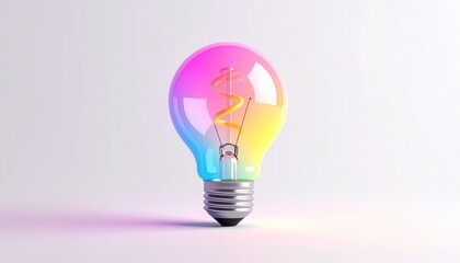 Bright glowing light bulb 3d icon concept isolated with colorful background representing innovation and creative ideas