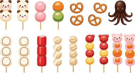 Cute Japanese street food sweets collection with dango skewers, pretzels, octopus snacks, and kawaii dessert characters vector illustration © Sumon Creative