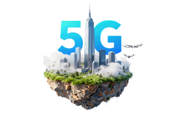 Floating island with modern cityscape and 5G symbol in blue