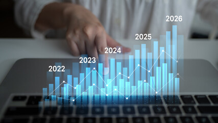 Business bar chart and line graph showing yearly business growth from 2022 to new year 2026, represent data analytics, future 2026 planning, business 2026 trend, and performance analysis 2026 Latch