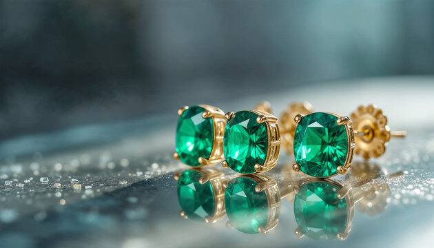 Exquisite Emerald and Pav&eacute; Diamond Halo Earrings on Dark, Reflective Marble