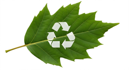 Green Leaf with White Recycling Symbol, Eco-Friendly Concept isolated PNG with Transparent Background