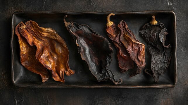 Assortment of dried whole Chilies (Ancho, Guajillo, Arbol), leathery skins with a subtle iridescent sheen