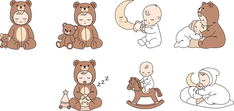 Cute sleeping baby character set with teddy bear moon rocking horse and bedtime nursery scenes flat vector illustration