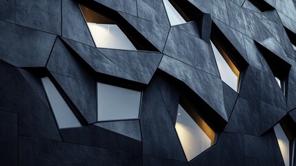 A modern Nordic library, facade of dark slate with massive, irregular window openings like shards of glacial ice