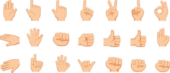 Flat cartoon hand gesture icon set showing pointing, thumbs up, fist, peace, okay signs for UI design