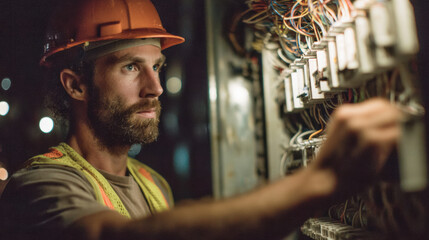 Electrical maintenance action by technician at night in industrial environment close-up view electrical safety concept
