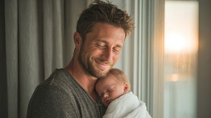 Tender Moment Between Father and Baby at Sunset Glow