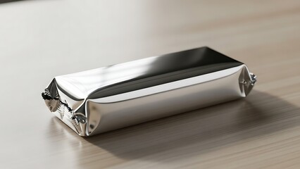Silver foil wrapped chocolate bar on wooden surface