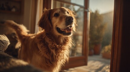 Happy Golden Retriever Playing in Bright Home Interior