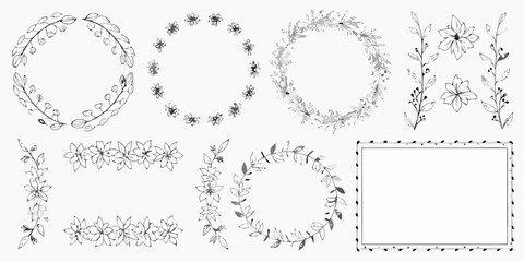 Floral wreaths branches and botanical illustrations in a delicate black and white style