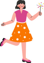 Happy Woman with Sparkler Character Illustration