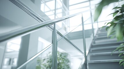 Obraz premium Modern glass staircase in a bright office building interior.