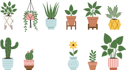 Fototapeta premium Indoor houseplant vector set with potted plants cactus hanging planters and decorative pots flat illustration