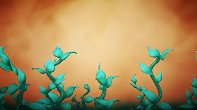 Lush turquoise foliage and stylized vines flourish against a warm sunset gradient background creating an enchanting fantasy landscape for digital art projects