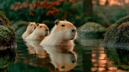 Three capybaras floating serenely in calm water with foliage backdrop