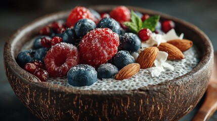 A wooden bowl filled with chia pudding and assorted berries, nuts