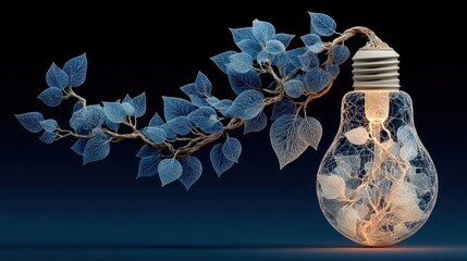 A lightbulb with glowing filament intertwined with foliage