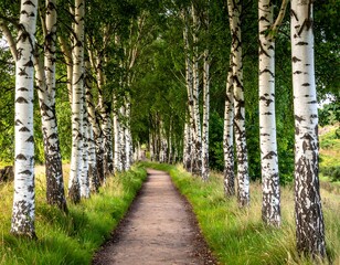 A winding dirt path flanked by tall birch trees with white bark