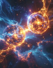Two celestial bodies burning in ethereal blue and orange nebulae