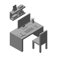 Modern Office Desk with Computer and Chair.