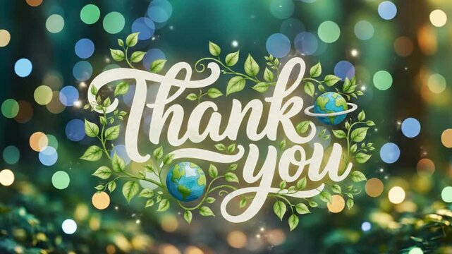 "Thank you" message with leafy vines and globes on a bokeh background, expressing gratitude and environmental appreciation.