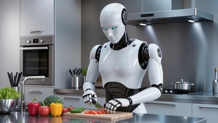 A humanoid robot prepares fresh vegetables on a cutting board in a sleek, modern kitchen, demonstrating precision and efficiency.