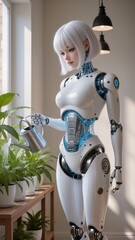 A humanoid robot gently waters indoor plants in a bright, modern living space, symbolizing the harmony between technology and nature