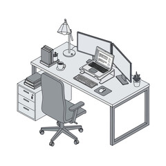 Modern Office Desk with Computer and Chair.