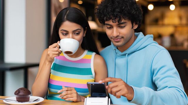 Happy Couple Using Mobile Payment for Coffee Date