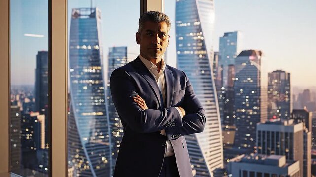 A businessman standing near a window in a modern city skyline