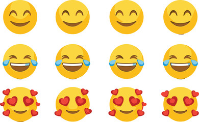 Fototapeta premium Smiling emoji faces set with happy laughing and love expressions for social media chat flat vector illustration