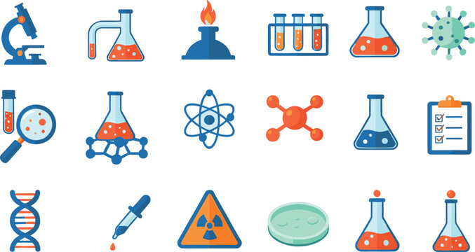 Science laboratory icon set with chemistry biology physics symbols test tubes microscope atom flat vector illustration