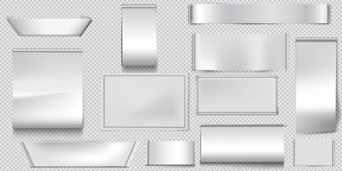 Set of textile labels mockups in different shapes and sizes, white color with decorative stitching.