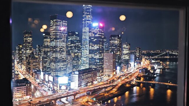 Nighttime Cityscape View Through a Window - Skyscrapers and Urban Lights.