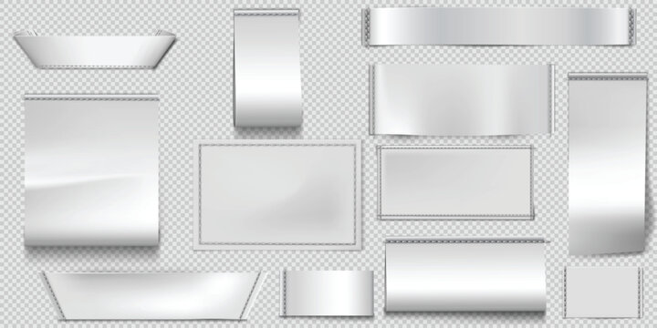 Set of textile labels mockups in different shapes and sizes, white color with decorative stitching.