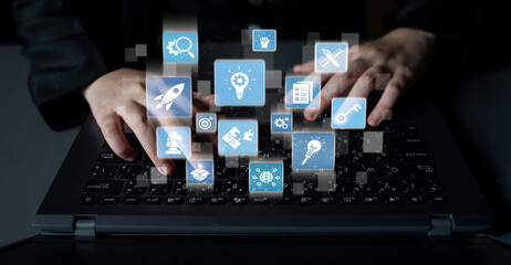 Innovation icons show creativity, teamwork, and project development. Innovation helps organizations design solutions, build strategy, and grow with new business opportunities. Entice