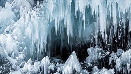 Icicles and ice formations in frozen cave with icy stalactites and stalagmites with winter cold blue