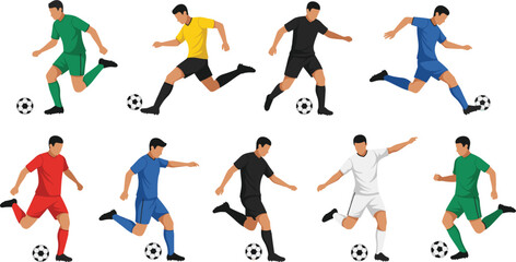 Soccer player action poses set with running kicking dribbling football athletes in colorful uniforms flat vector