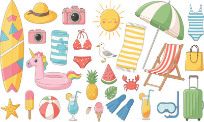 Summer beach vacation elements collection with surfboard, swimwear, umbrella, sun, drinks, camera, and seaside accessories vector illustration