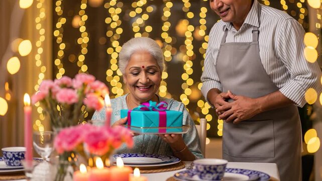 Happy Senior Indian Couple Celebrates with Gift at Dinner