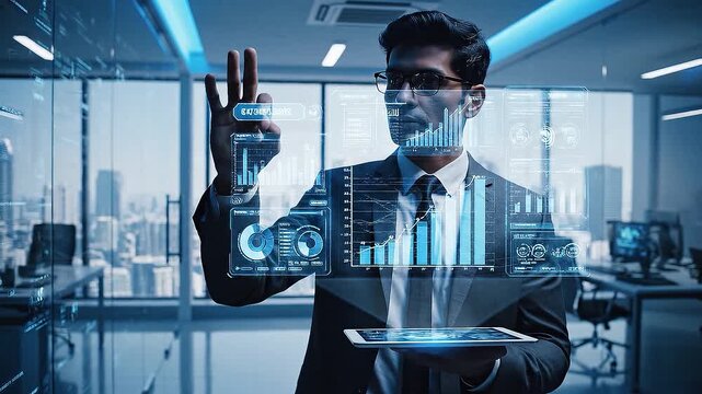 A businessman using a digital tablet with holographic in a modern office