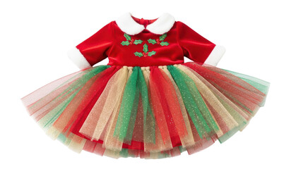 Red Velvet Christmas Baby Dress with Tulle Skirt and Holly Embroidery isolated PNG with Transparent Background