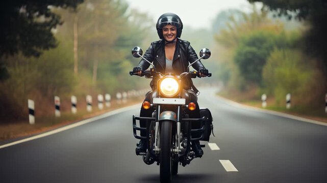 Happy woman riding motorcycle on scenic road