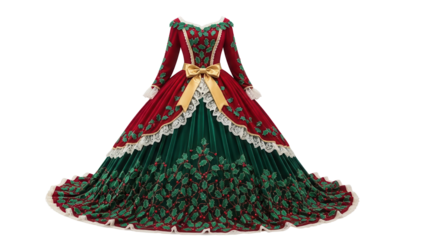Victorian Christmas Ball Gown with Red and Green Velvet Fabric and Gold Ribbon isolated PNG with Transparent Background